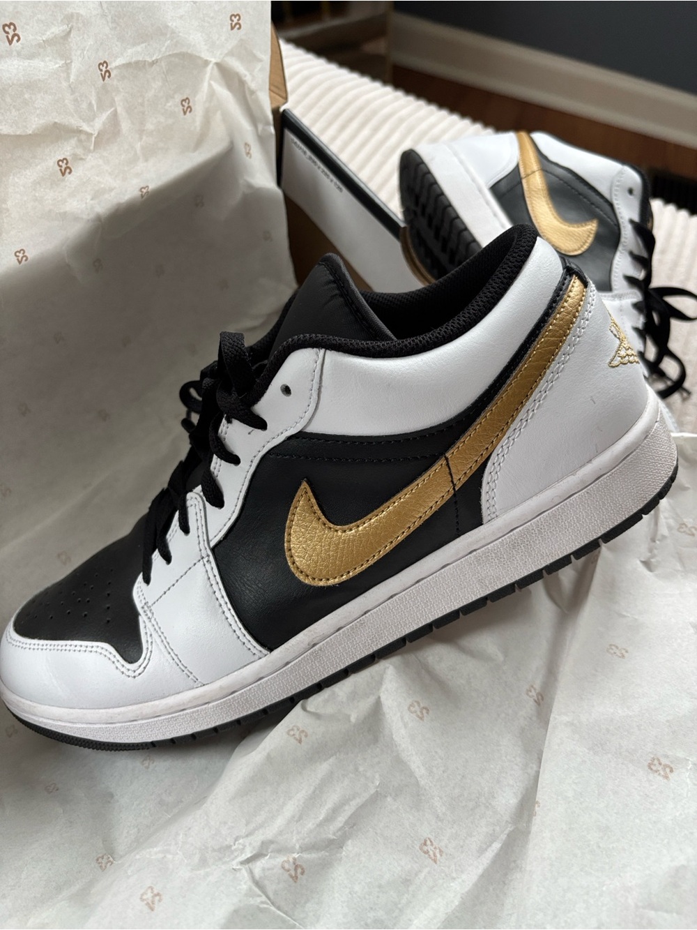 Nike Air Jordan 1 Low — White, Black & Gold Swoosh with Box